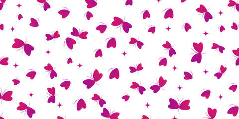 Seamless pattern with cute purple butterflies and stars on a white background. Vector illustration for kids' textile or wallpaper.