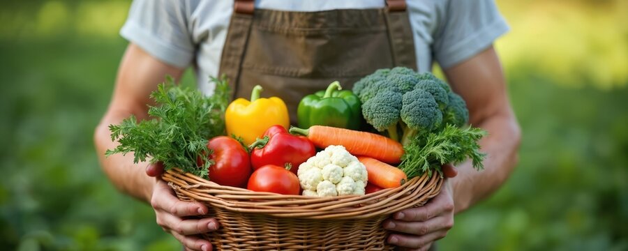 Person holds basket of fresh vegetables. They harvest produce from garden. Colorful bell peppers, tomatoes, carrots, broccoli and herbs fill crate. Local organic healthy food, vegetarian meals.