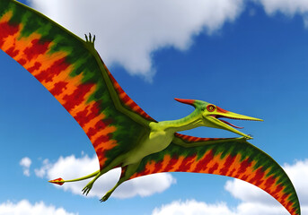 Pterodactyl flying in blue sky with clouds and colorful wings dinosaur prehistoric