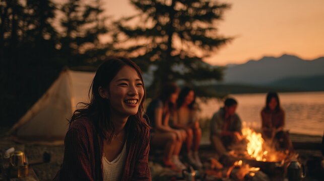 A group of cheerful women enjoys a peaceful evening by the lakeside, gathered around a warm campfire as the sun sets. The serene atmosphere enhances the calm bonding time among the