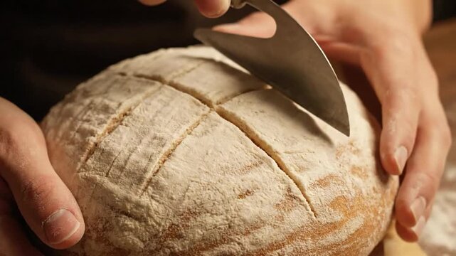 A close-up shot of a loaf of bread being cut with a knife, hands holding it, sprinkled with flour