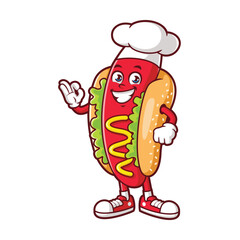 vector cartoon, character, and mascot of a chef hotdog say ok pose.eps
