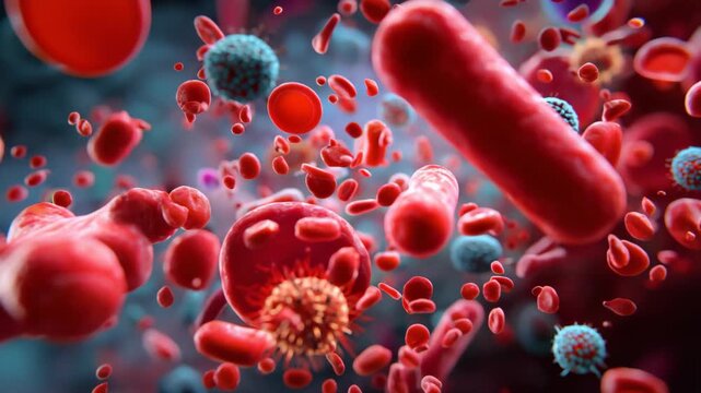 Bright red blood cells, pathogens and large rod-shaped bacteria drifting in bluish fluid with vivid biological textures. Concept of infectious micro-environment