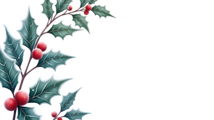 Frosted Holly Leaves and Red Berries PNG – Winter Christmas Decoration Border Transparent Clipart