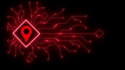 A glowing red digital map pin icon on a dark background, symbolizing location, navigation, and technology, with circuit board patterns suggesting connectivity and innovation - Powered by Adobe