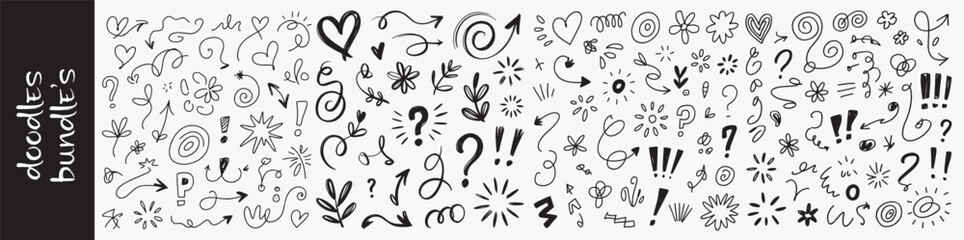 Black Pen Doodles Bundle Set: Hand-Drawn Arrows, Hearts, Flowers, and Question-Exclamation Marks