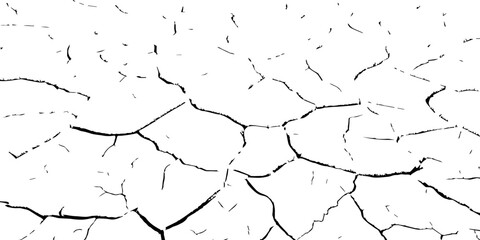 Black and white cracked dry earth texture, drought soil surface pattern, parched land broken ground detail, environmental disaster concept, climate change abstract cracked illustration for design use.