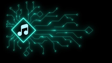 A glowing cyan music note icon sits within a square, connected to a network of lines and shapes, all illuminated against a dark background, creating a modern and techinspired design - Powered by Adobe