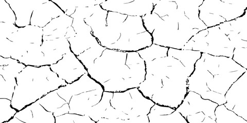Black and white cracked dry earth texture, drought soil surface pattern, parched land broken ground detail, environmental disaster concept, climate change abstract cracked illustration for design use.