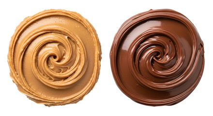 Swirls of creamy peanut butter and smooth chocolate spread side by side isolated on a transparent background