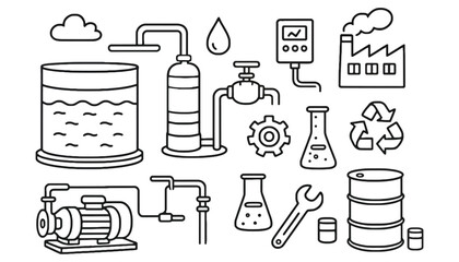Outline drawing of industrial equipment and processes in black and white