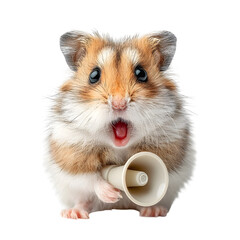 A cute hamster with an open mouth holds a megaphone making an announcement against a white background