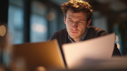 In a well-lit office, a young man is carefully reviewing documents on his laptop while seated at a desk. The focused young man analyzes the important papers spread out before him.
