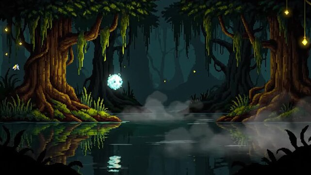Pixelated illustration of a dark swamp scene with trees and water, a glowing orb and fireflies