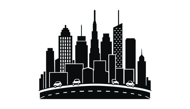 Silhouette of a city skyline with cars on a road in black and white
