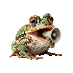 A surreal green frog with its mouth open holding a megaphone isolated on a white background