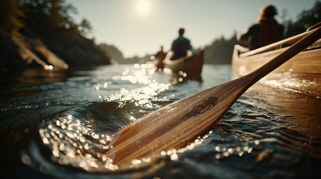 As the wooden paddle dips into the glistening water, groups of men and women canoe leisurely across the serene river. The sunlight dances on the surface, highlighting their joyful