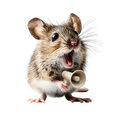 A tiny mouse shouts into a miniature megaphone isolated against a clean white background