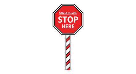 Illustrated santa stop here sign with red and white striped pole