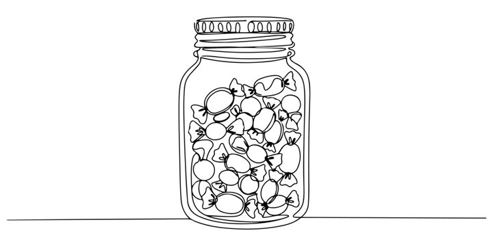 Continuous one line of a candy jar filled with assorted sweets,  representing variety and indulgence, hand drawn vector illustration.