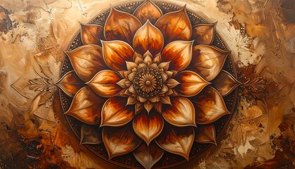 An ornate, symmetrical floral design with layered petals radiates from the center. Its warm brown and orange hues create a textured, inviting look