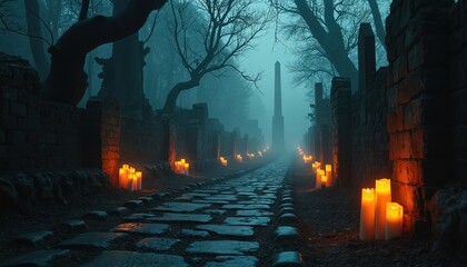 Dark stone path in old cemetery at night. Candles illuminate way between brick walls and bare trees. Misty fog surrounds graveyard. Obelisk monument in distance. Eerie atmosphere with glowing candles.