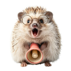 A cute surprised hedgehog wearing round glasses shouts into a red megaphone against a plain white background