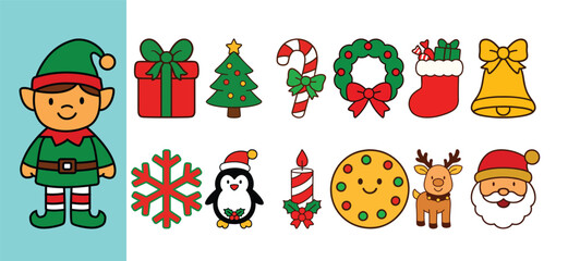 Cute Christmas Icons Set with Elf Santa Reindeer Gifts and Holiday Elements