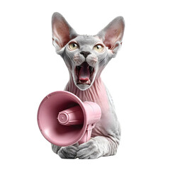 A hairless Sphynx cat expresses urgency and shouts into a pink megaphone isolated on a clean white studio background