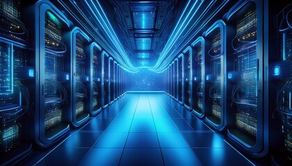 futuristic server room with glowing blue lights and complex network cables network background science