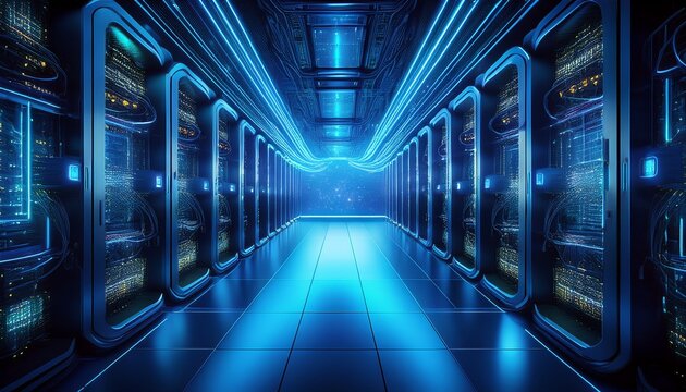 futuristic server room with glowing blue lights and complex network cables network background science