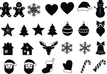 Christmas icon set, festive symbols, holiday clipart, winter elements, black silhouette, vector design, seasonal graphics, snowflake, Santa, tree, gif