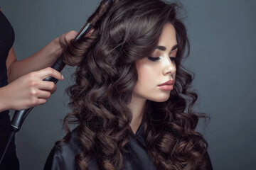 Hairstylist curling client’s hair with iron wand, glossy result, soft studio lighting