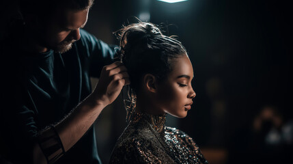 Hairstylist styling model’s hair backstage before fashion show, dynamic lighting, fashion industry vibe
