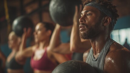 A focused man participates in a fitness class, lifting a medicine ball alongside women who also engage in the exercise. This scene reflects their dedication to fitness and strength