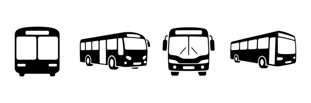 Bus vector icons set with different views: front, side, and three-quarter perspective. public transport, travel, and urban journey symbols.