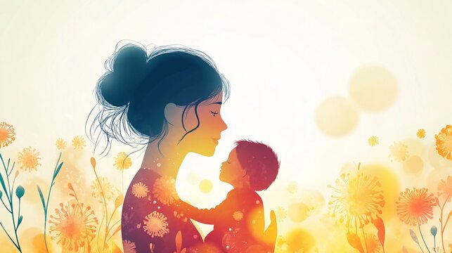 An evocative illustration showing a mother holding her child, with a visual motif related to medical themes like disease. The silhouette adds depth, warmth and symbolic layer of protection.