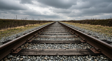 Obraz premium Railway tracks stretching into the distance under a cloudy sky