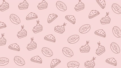 Pattern of donuts and cake slices on a pink background. Suitable for bakery menus, dessert blogs, party invitations, and foodrelated designs.