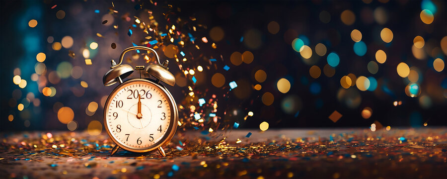 Midnight on New Year eve 2026, alarm clock on panoramic bokeh lights glittering background with copy space