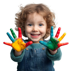Joyful toddler with hands brightly painted in rainbow colors smiling happily on a white background