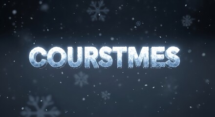 Courstmes text with ice and snow effect on a dark blue background with snowflakes falling creating a festive winter holiday season atmosphere and celebration
