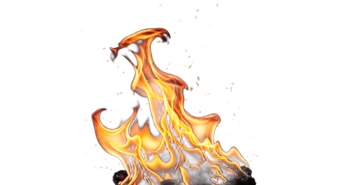 A vibrant depiction of flames rising against a stark black backdrop with floating embers visible