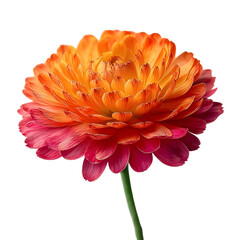 A vibrant multi colored flower with petals transitioning from orange to pink isolated on a white background