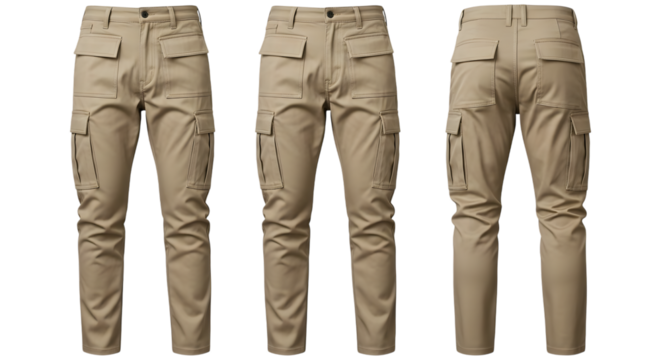 Tan Cargo Pants with Multiple Pockets Displayed from Front Side and Back isolated on a transparent background
