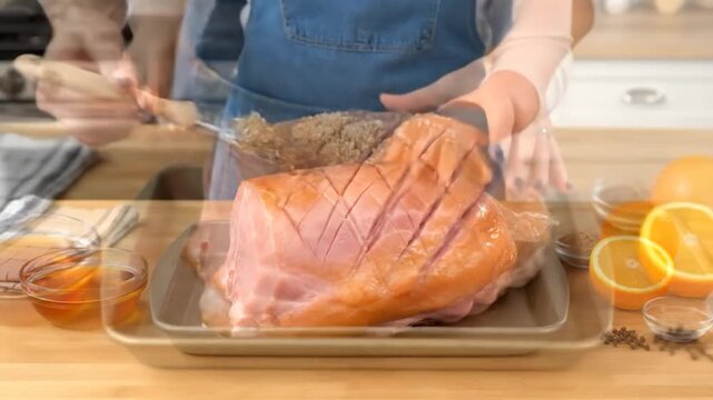 A person cuts a cooked ham with a knife, with oranges and spices around on a wooden board