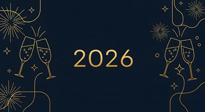 Elegant 2026 New Year celebration backdrop with golden champagne toast, sparkling fireworks, and abstract lines on dark blue. Perfect for festive greetings or party invitations