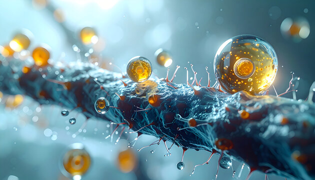 Microscopic view of cells and liquid, scientific illustration, biology and science