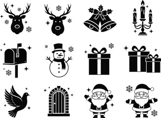 Christmas icon set, festive silhouette vector, holiday character graphic, Santa Claus illustration, gift box design, seasonal black clipart