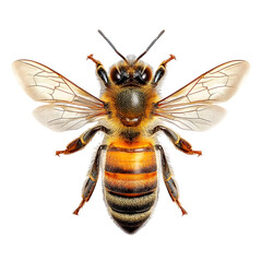 Detailed ro shot of a honey bee isolated on a white background showcasing its intricate anatomy